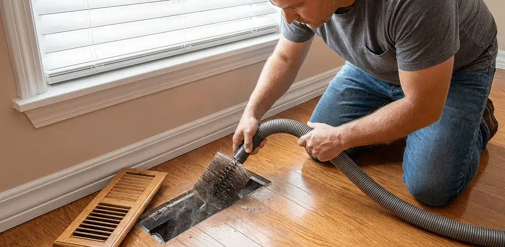 Air duct cleaning technician vacuuming a floor vent and duct opening in Long Beach, CA