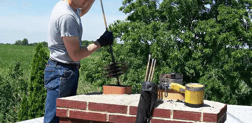 Chimney cleaning technician working on a rooftop chimney with professional tools in Long Beach, CA