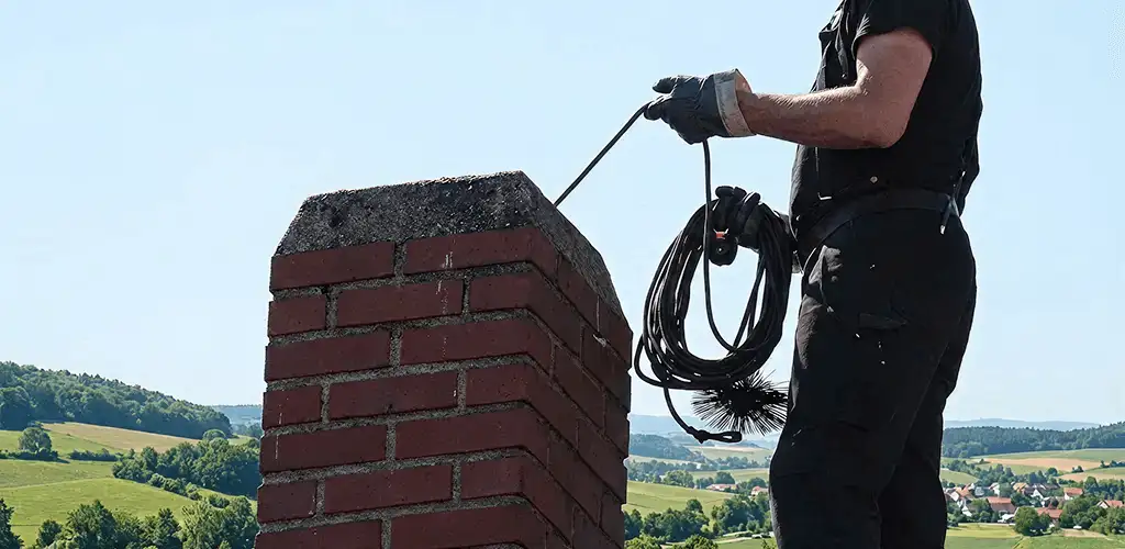 Chimney sweep inspecting and cleaning a rooftop chimney in Long Beach, CA