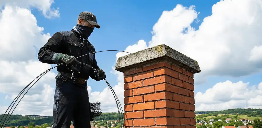 Chimney sweep cleaning a brick chimney with professional tools in Long Beach, CA