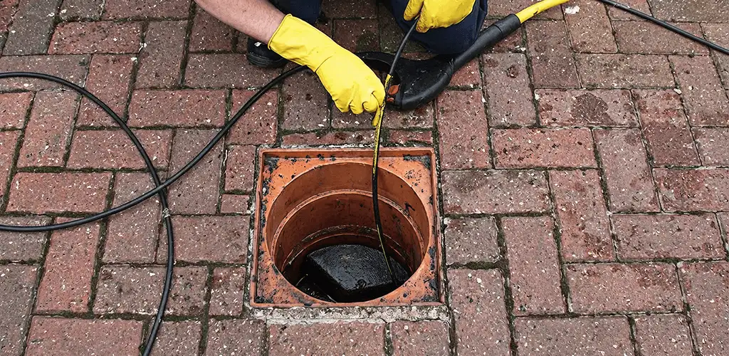 Drain cleaning technician using a drain snake to clear a clogged drain in Long Beach, CA