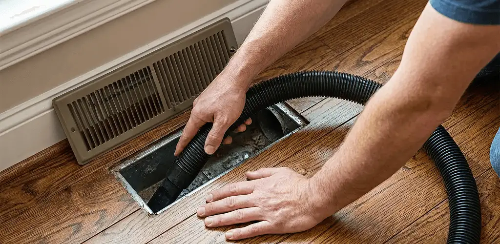 Air duct cleaning technician vacuuming a floor register and duct opening in Long Beach, CA