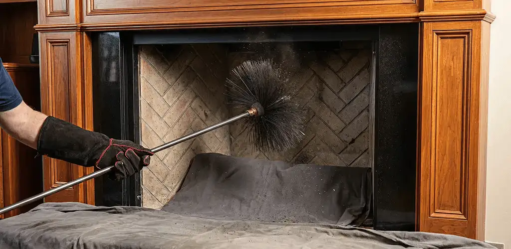 Chimney cleaning service brushing soot from a fireplace and flue in Long Beach, CA