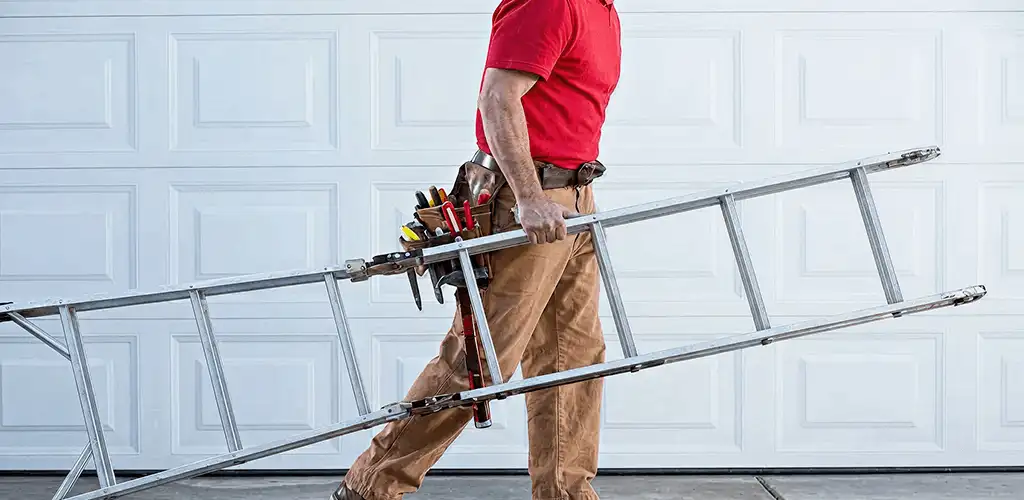 Garage door repair technician arriving with tools and ladder in Long Beach, CA