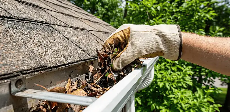 Gutter cleaning removing leaves and debris from roof gutters in Long Beach, CA