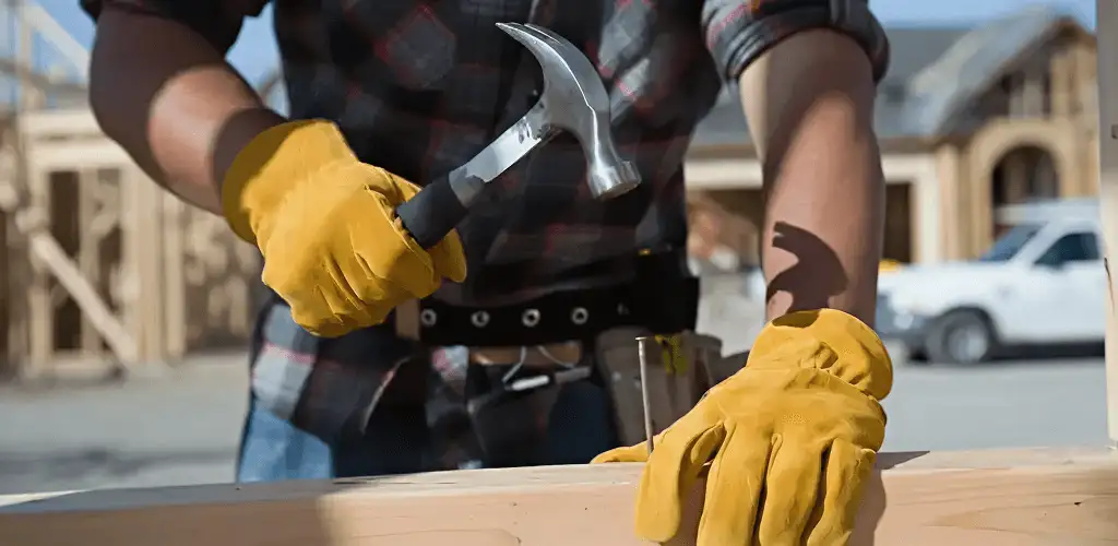 Handyman fixing wood trim with a hammer for home repairs in Long Beach, CA