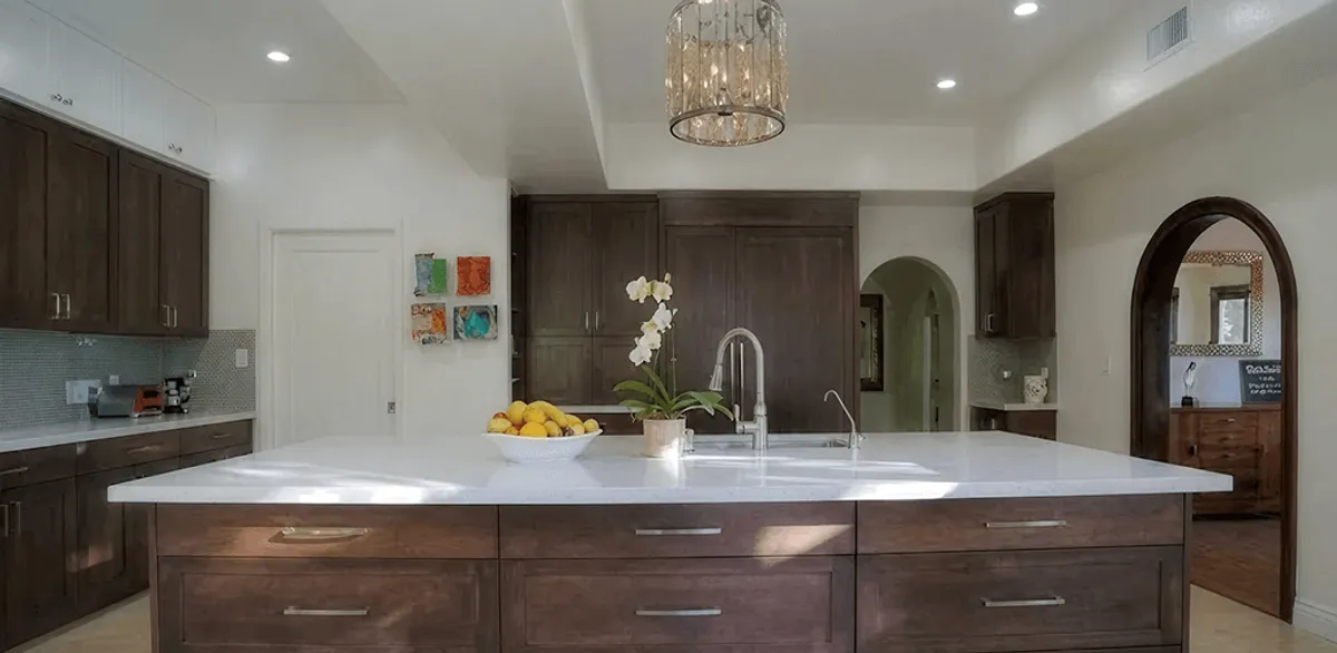 Cabinet refacing project with updated kitchen cabinets and island in Long Beach, CA