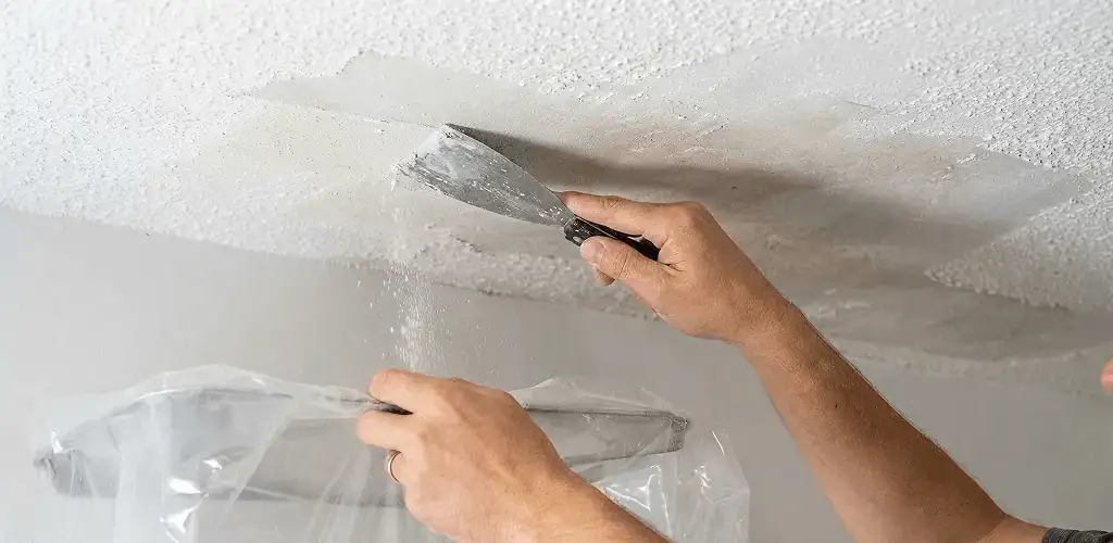 Popcorn ceiling removal technician scraping texture from a ceiling in Long Beach, CA