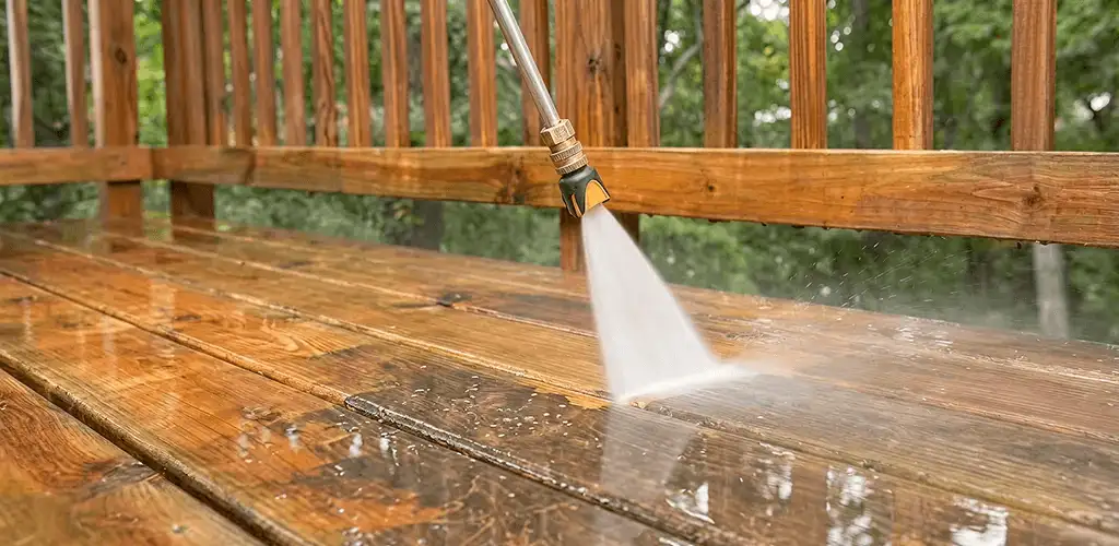 Pressure washing a wood deck to remove dirt and buildup in Long Beach, CA