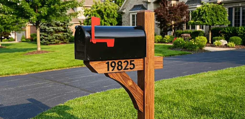 New mailbox installation with post and address number for a home in Long Beach, CA