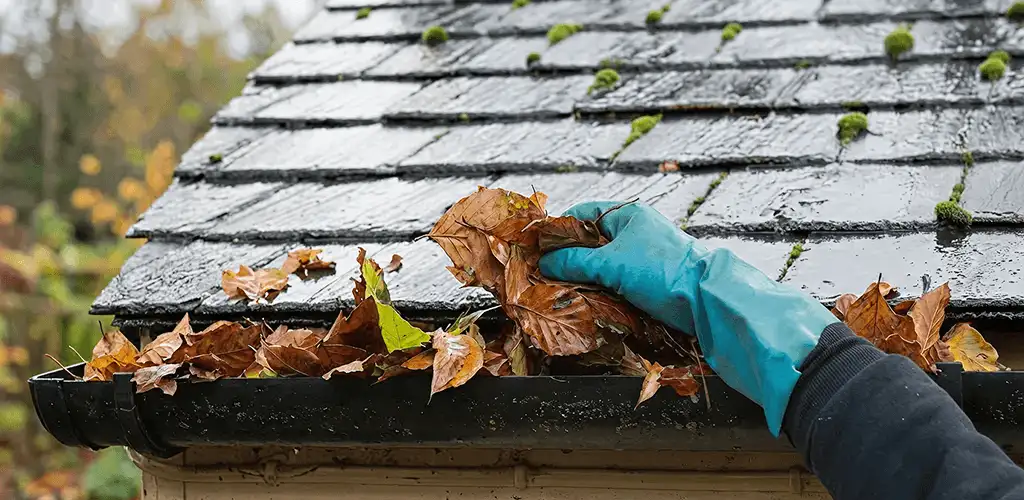 Gutter cleaning technician clearing wet leaves from roof gutters in Long Beach, CA