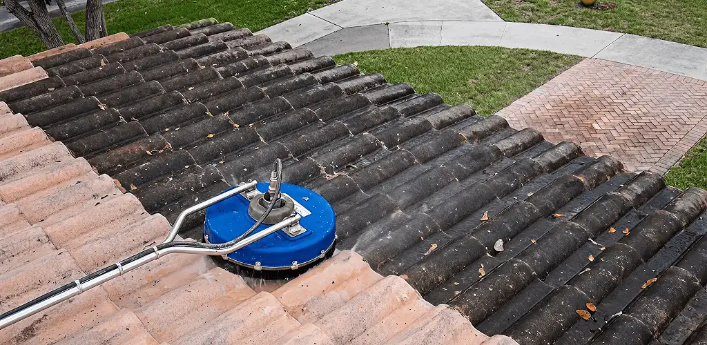 Roof pressure cleaning removing debris and buildup from roof tiles in Long Beach, CA