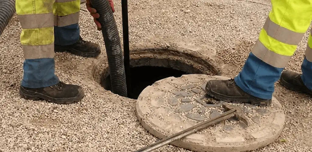 Drain cleaning crew clearing a sewer access point with professional equipment in Long Beach, CA