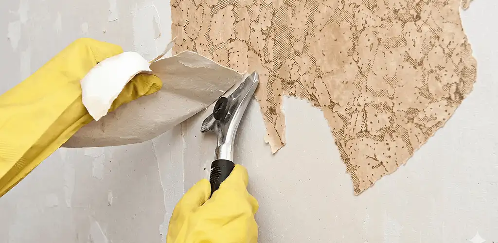 Wallpaper removal service stripping old wallpaper from a wall in Long Beach, CA