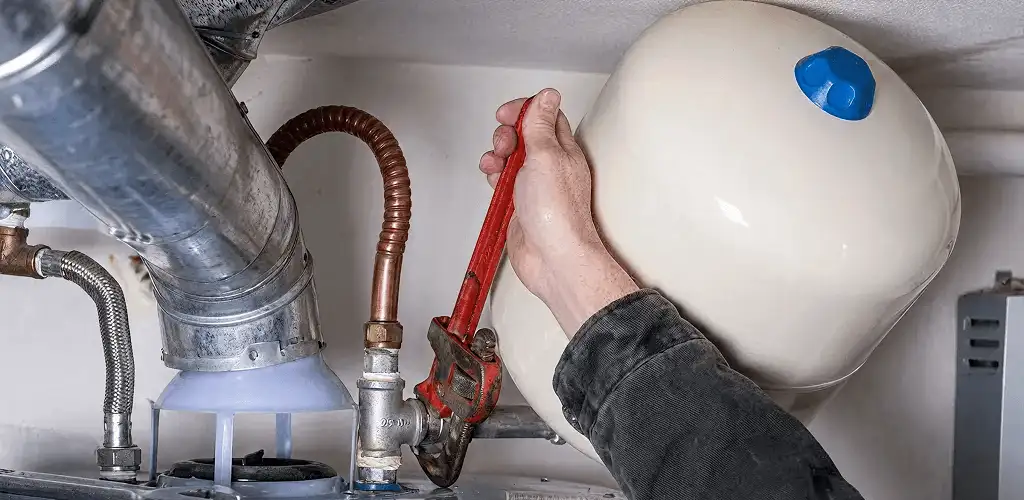 Water heater repair technician tightening plumbing connections near a tank unit in Long Beach, CA